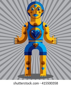 Modernistic vector illustration, geometric cubism style avatar isolated on striped decorative background. Strange character image made in flat design.
