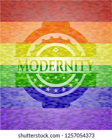 Modernity emblem on mosaic background with the colors of the LGBT flag
