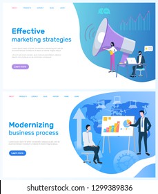 Modernizing business and marketing strategies Internet web site vector. Businessmen and laptop, loudspeaker and graphics or diagrams on presentation. Webpage template landing page in flat