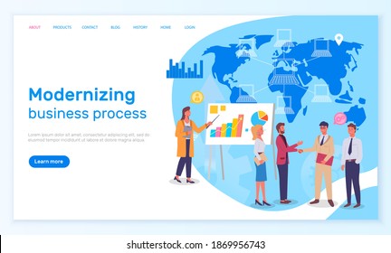 Modernizing business process, landing page of website, successful partnership, present financial plan at board, presentation of improvement of business, improve new technology, connecting with world