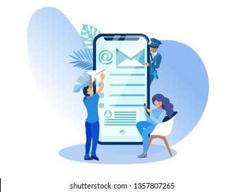 Modernmobile Application Users Email Cartoon. Vector Illustration on Blue Cloud. Postman Uses Application to Exchange E-mails. On Screen Smartphone Mailbox. Technology Online Exchange Correspondence.