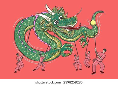 Modern-retro illustration of an oriental cultural dragon dance performance by five men. Symbolism for Lunar New Year, welcoming prosperity, abundance, cultural performance, traditional celebration. 