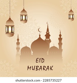 Modern-style Eid Mubarak greeting cards with social media design, Eid Mubarak Icon Vector, moon, mosque, Logo, and lanterns