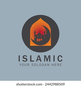 Modern-style moon, mosque, Logo, and lanterns.