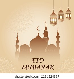 Moderne Grußkarten wie Ramadan Kareem und Eid Mubarak mit Social Media Design, Eid Mubarak Icon, Vektorelementen, Mond, Moschee und Logo