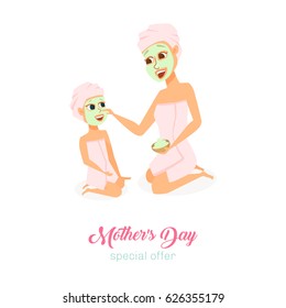 Moder`s day special offer card. Mom and daughter in spa make face mask in bathroom. Happy family. Smiling cute women and girl. Poster or baner with cartoon characters isolated on white