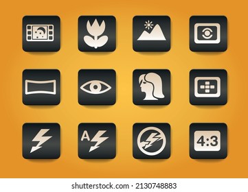 Modes of Photo symbols on black buttons on yellow background