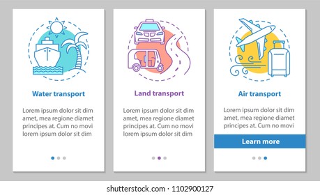 Modes of transports onboarding mobile app page screen with linear concepts. Land, air and water transportation steps graphic instructions. UX, UI, GUI vector template with illustrations