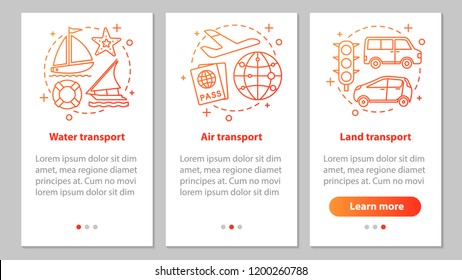 Modes of transports onboarding mobile app page screen with linear concepts. Land, air and water transportation steps graphic instructions. UX, UI, GUI vector template with illustrations