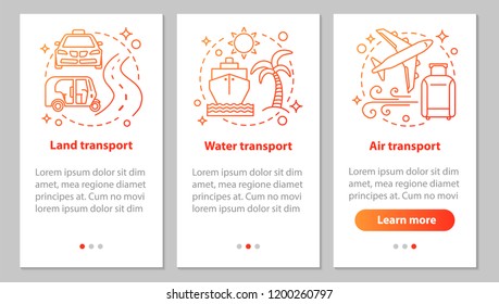 Modes of transports onboarding mobile app page screen with linear concepts. Land, air and water transportation steps graphic instructions. UX, UI, GUI vector template with illustrations