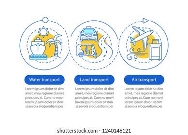Modes of transports vector infographic template. Land, air and water transportation. Data visualization with three steps and options. Process timeline chart. Workflow layout with linear icons
