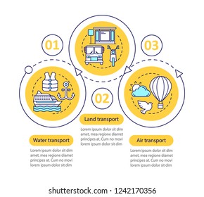 Modes of transports vector infographic template. Land, air and water transportation. Data visualization with three steps and options. Process timeline chart. Workflow layout with linear icons