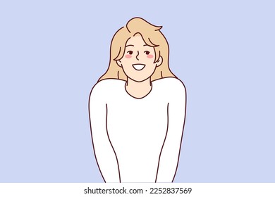 Modest attractive woman stands in shy pose pressing hands to body, sincerely smiling. Beautiful positive blonde girl of young age is dressed in white casual t-shirt. Flat vector illustration