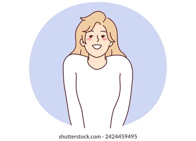 Modest attractive woman stands in shy pose pressing hands to body, sincerely smiling. Beautiful positive blonde girl of young age is dressed in white casual t-shirt. Flat vector illustration