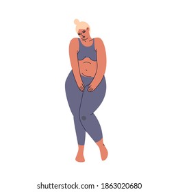 Modest blonde plus size. A young woman in a tracksuit covers herself with her hands. An adult girl in trendy gray sportswear. Vector stock illustration.