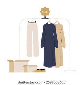 Modest Clothing Sale Display In Flat Vector Illustration Symbolizing Fashion, Retail, And Shopping, Isolated On White Background