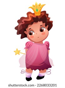 A modest dark-haired girl with big eyes in a pink festive dress. Charming little girl dressed as a princess holds a magic star wand behind her back. On the head is a beautiful crown.