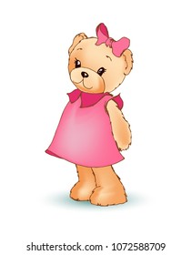 Modest female teddy bear wearing pink dress and bow on its head, shy fluffy toy, poster and image vector illustration isolated on white background