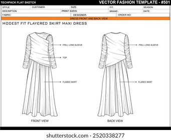 MODEST FIT FLAYERED SKIRT MAXI DRESS FASHION EASY EDITABLE TECHNICAL FLAT SKETCH ILLUSTRATION DESIGN