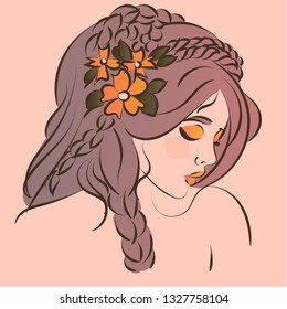 Modest girl with flowers on her head, long hair, lowered look, vector illustration
