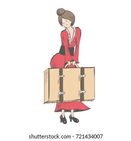 A modest girl holds a suitcase in front of her. Vacation. Waiting for the ship or train. Sketch style. Vector illustration