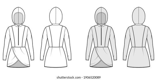 Modest hijab tunic technical fashion illustration with zip henley neck, long sleeves, fitted body, petals hem, hood. Flat shirt top template front, back, white, grey color. Women men unisex CAD mockup