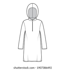 Modest hijab tunic technical fashion illustration with zip henley neck, long sleeves, oversized, under-the-knee length, hood. Flat shirt top template front, white color. Women men unisex CAD mockup