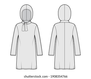 Modest hijab tunic technical fashion illustration with tie, long sleeves, oversized, under-the-knee length, hood. Flat shirt apparel top template front, back, grey color. Women men unisex CAD mockup