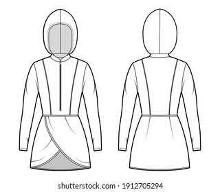 Modest hijab tunic technical fashion illustration with zip henley neck, long sleeves, fitted body, petals hem, hood. Flat shirt top template front, back, white color. Women men unisex CAD mockup