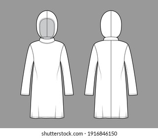 Modest hijab tunic technical fashion illustration with long sleeves, oversized, under-the-knee length, hood. Flat shirt apparel top template front, back, white color. Women men unisex CAD mockup