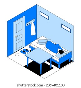 Modest housing for the poor in isometric view. The man is in a cramped room, he is sleeping in bed.

