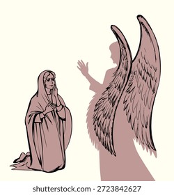 Modesto humilde santa benção devota admiração jovem santa fé humana senhora falar pedir ao Senhor ajuda nascente bebê vida enfrentar medo pano de luz branca retrô. Admire espírito alegria céu homem evangelho esperança Israel mão desenhado arte