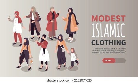 Modest Islamic Clothing Horizontal Banner With Group Of Modern Young Muslim Women Wearing Trendy Clothes And Hijab Isometric Vector Illustration