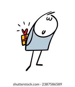 Modest loving stickman hides cartoon gift behind his back and is shy to give it . Vector illustration of doodle man and cute surprise for  woman on  holiday or birthday. Isolated on white background.