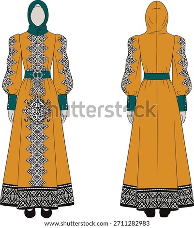 Modest Maxi Abaya Dress Flat Sketch: Intricate Traditional Embroidered Pattern, Puffy Sleeves, Hijab, Belted Waist, and Contrasting Cuffs Technical Drawing
