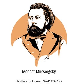 Modest Musorgsky was a Russian composer, a member of the Mighty Handful. He worked in the genres of operas, orchestral pieces, romances and songs, choruses. This is a hand-drawn vector illustration.