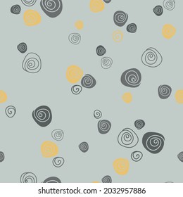 Modest neutral seamless vector rose pattern with a vintage feel. Grey and mustard yellow hand drawn doodle roses on light sage green background. Retro style shabby flowers are cute and romantic.