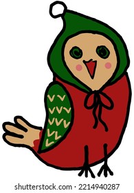 A modest red-beige-green bird in a winter hat with a pompom on its head. Vector outline character isolated on transparent background