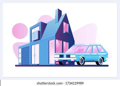 Modest Residential Family House With Car Parked On Driveway In Front. Flat Vector Illustration