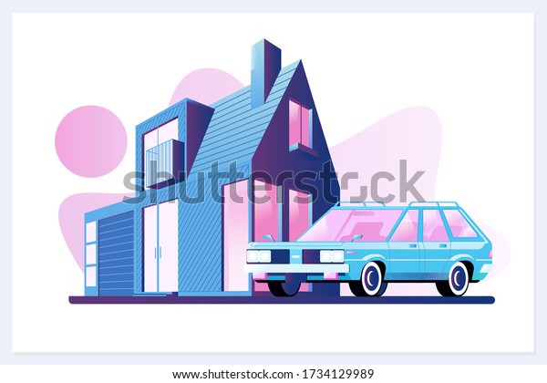 Modest residential Family house with\
car parked on driveway in front. Flat vector\
illustration