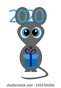 A modest and surprised gray mouse with big eyes and a gift isolated on white background. Text 2020 in the ears. Ears like numbers. Happy 2020 new year card. Vector stock illustration.
