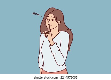 Modest woman puts finger to lips, wanting to keep secret or calm interlocutor who speaks loudly. Beautiful girl teacher makes gesture of silence to calm schoolchildren before lesson. Flat vector image