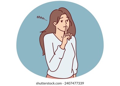 Modest woman puts finger to lips, wanting to keep secret or calm interlocutor who speaks loudly. Beautiful girl teacher makes gesture of silence to calm schoolchildren before lesson. Flat vector image