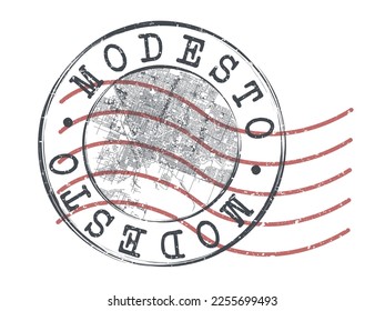 Modesto, CA, USA Stamp Map Postal. Silhouette Seal Roads and Streets. Passport Round Design. Vector Icon. Design Retro Travel National Symbol.