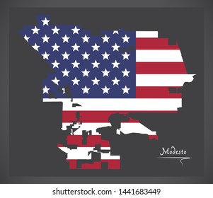 Modesto California City map with American national flag illustration