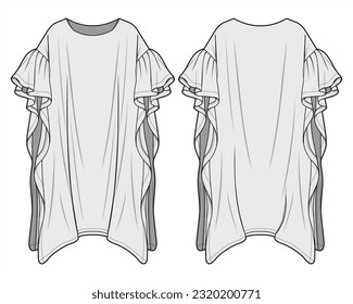 Modesty Dress, Butterfly Abaya, Ruffle sleeve maxi Kaftan Front and Back View. Fashion Flat Sketch Vector Illustration, CAD, Technical Drawing, Flat Drawing, Template, Mockup.