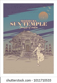 Modhera sun temple, Gujarat, India. Vintage travel poster of famous indian monument.