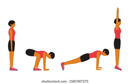 Modified Burpee Exercise, showcasing a fitness enthusiast performing this modified version of the classic burpee. The person is seen transitioning from a standing position, bending into a squat, and s