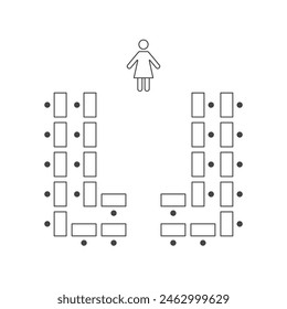 Modified double horseshoe seating arrangements line icon. Plan of seats in classroom, seminar or banquet. Scheme, blueprint, architectural plan. Vector illustration