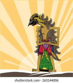 A modified form of puppet into a vector graphic shapes, seen a knight who was practicing asceticism, arms crossed, standing tall, long loose hair, as well as the background light tinge.
